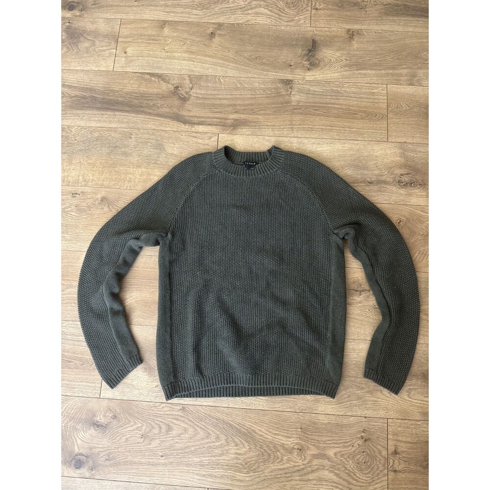 AETHER L cotton green shaker-stitch fisherman rib waffle knit crewneck sweater